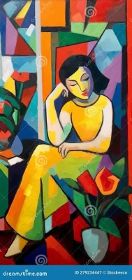 Woman Seated on a Stool - Vibrant Colors and Abstract Forms in Indian Modernism!